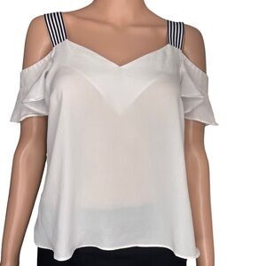 Forever 21 Ivory Cold Shoulder V-Neck Blouse with Black Striped Straps Small